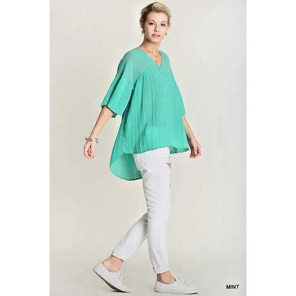 Umgee Top Size M Mint Green Pleated Whimsy Bell Sleeve Relaxed Tunic Women Shirt - Picture 3 of 4